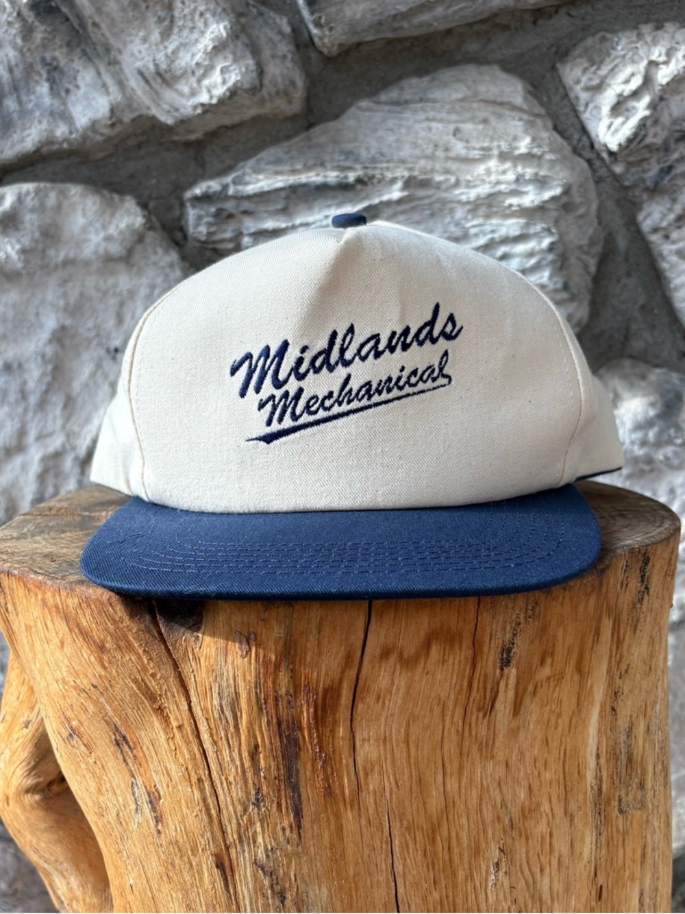 Midlands Mechanical Snapback Hat Cream and Navy Made in USA